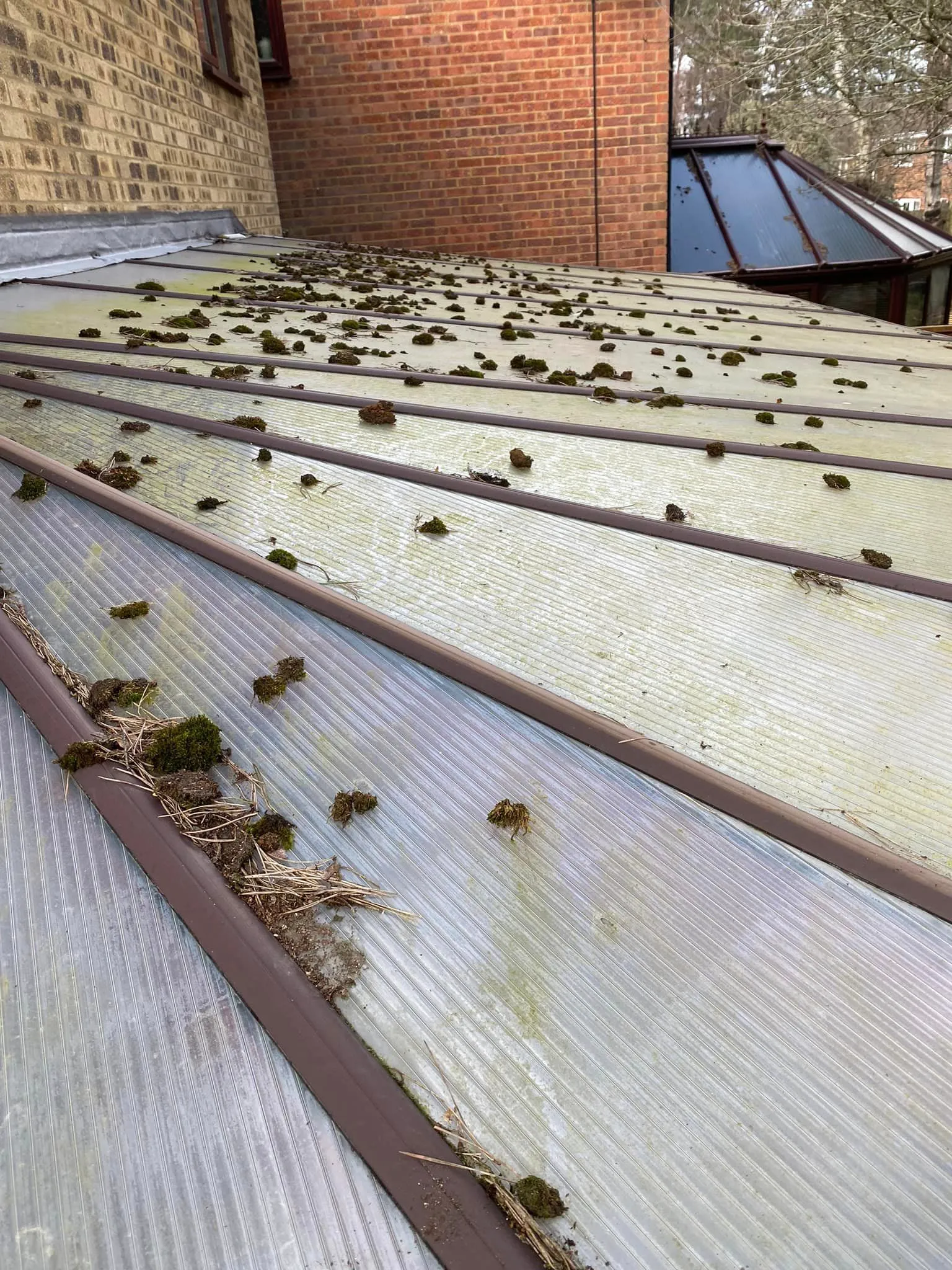 The roof of a building that has been gutted.